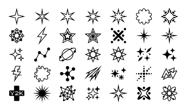Retro Y2K Star Sparkle Symbols Vector Set with Futuristic Abstract Shapes