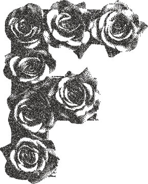 Rose letter F vintage y2k stipple art,rose letter halftone stipple brutalist retro vector png with transparent background, floral 2000s aesthetic photocopy effect tattoo