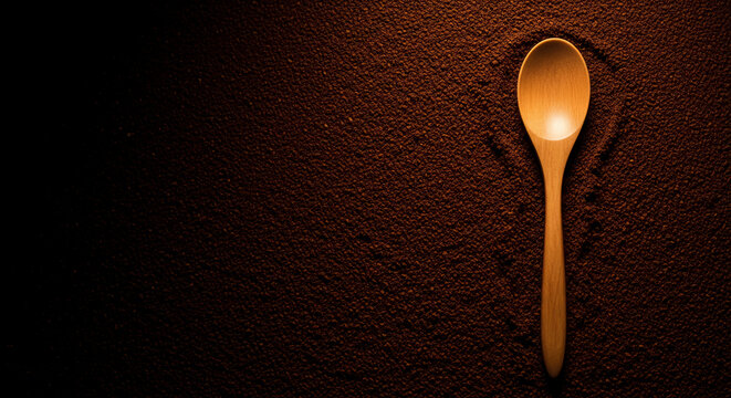 A minimalist wooden spoon rests on dark granulated coffee powder with dramatic side lighting and deep shadows, creating a moody, cinematic culinary still life for food design concepts.