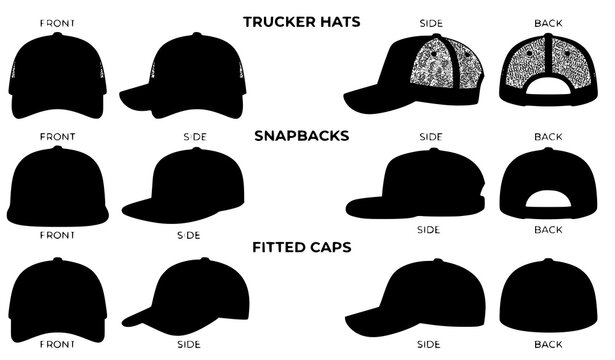 Trucker Hats Snapbacks and Fitted Caps Front Side Back View Vector Template Flat Sketch Fashion Design Illustration Set