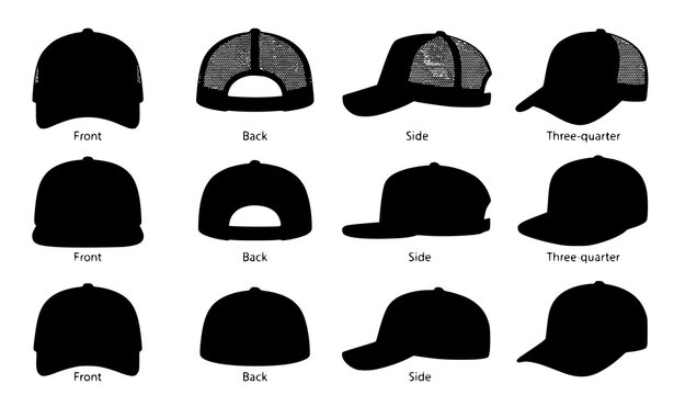 Baseball Cap Trucker Hat Front Back Side Three Quarter View Vector Template Flat Sketch Fashion Design Illustration Set