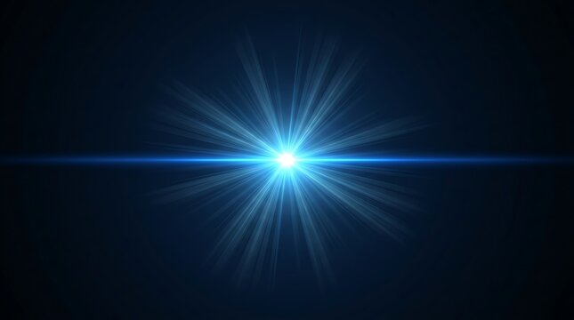 Abstract background featuring bright blue light flare effect with streaks of light radiating from center against dark backdrop for digital design elements or cosmic space light explosions.