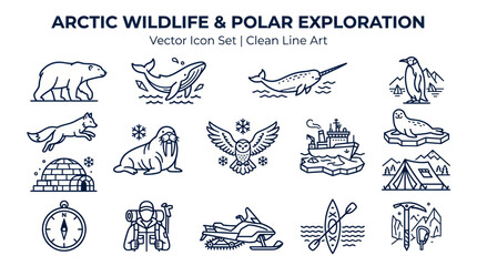 Arctic wildlife and polar exploration minimalist line art icon set © hejue