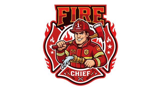 Fire chief mascot holding axe and water hose in maltese cross emblem