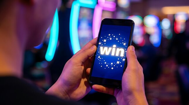 Man plays mobile game with word win displayed on screen, casino background with neon lights, close up of hands holding smartphone, concept of online gambling success and digital entertainment winning.