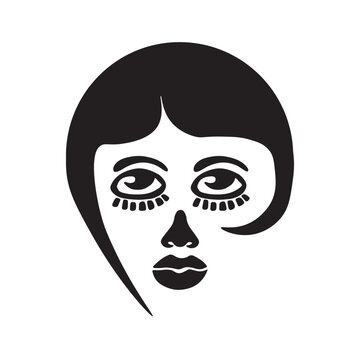 Abstract female face with short black hair. Transparent background.
