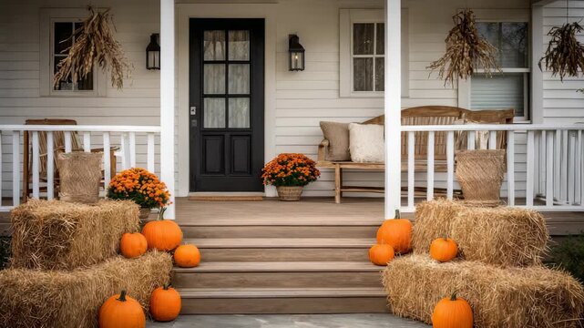 Beautiful front porch features rustic hay bales, vibrant pumpkins, autumnal flowers, perfectly capturing essence fall. Inviting seasonal decor highlights warmth, festive spirit for harvest season