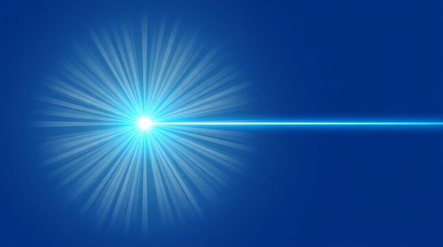 Bright blue laser beam shoots from glowing center point expanding outwards with light rays on a dark blue background abstract concept.