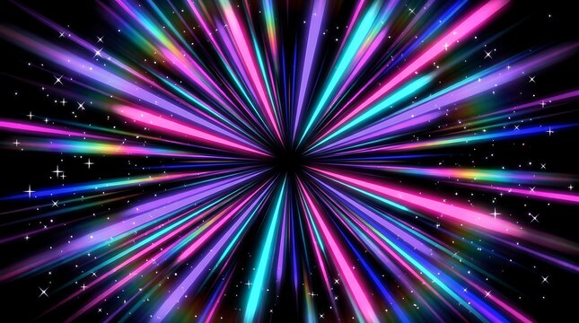 Abstract colorful hyperspace tunnel motion blur effect vibrant neon light streaks radial zoom background digital art and science fiction fantasy concept.