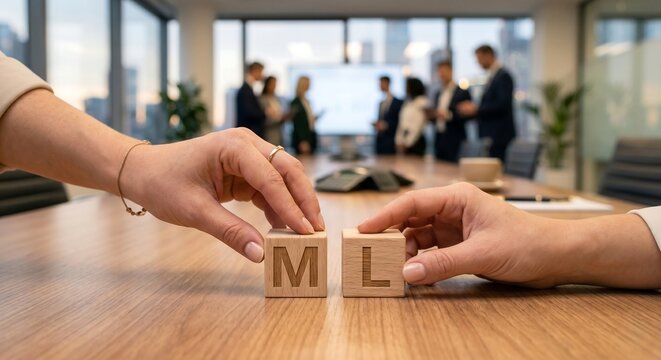 Machine Learning Concept with Wooden Blocks in Collaborative Office Environment.