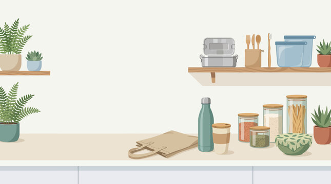 Zero waste eco friendly kitchen interior with reusable storage jars and containers
