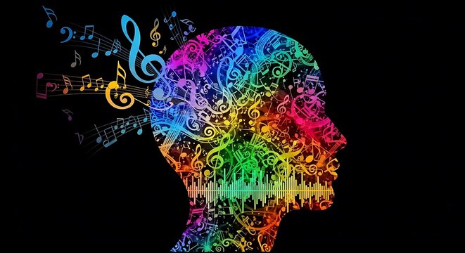 Colorful human head silhouette filled with musical notes and sound wave patterns