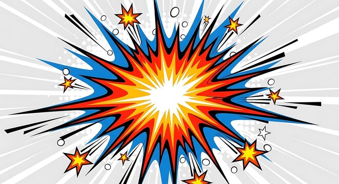 Colorful comic book explosion burst effect with stars and speed lines