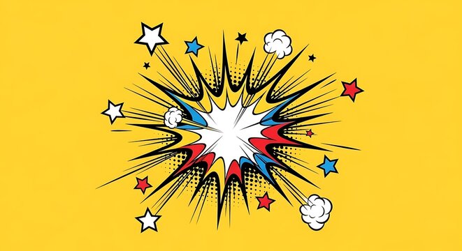 Comic book explosion speech bubble with colorful stars and halftone dots