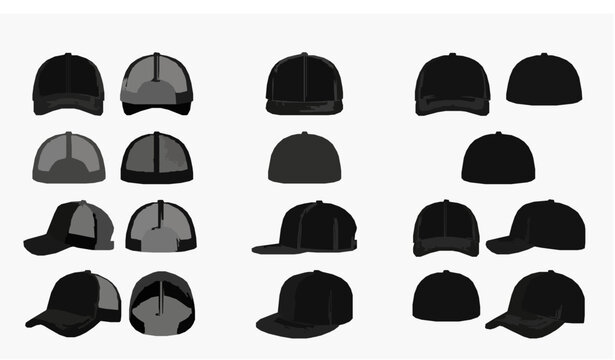 Black Trucker Cap Mockup Set Multiple Angles Front Back Side View Vector Illustration