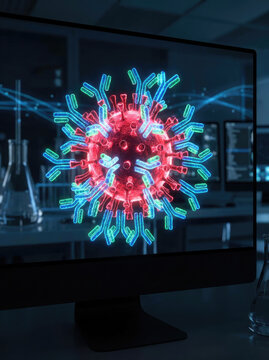 A computer monitor displays a 3D rendering of a virus. The virus is brightly colored with red and blue, and it is surrounded by glowing lines.