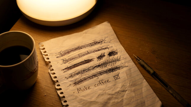 A spiral notebook with todo list and coffee on a wooden desk