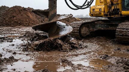 Fototapeta premium Heavy duty auger drill boring into wet muddy earth at construction site, industrial drilling equipment digging deep hole in soil for foundation or infrastructure project.