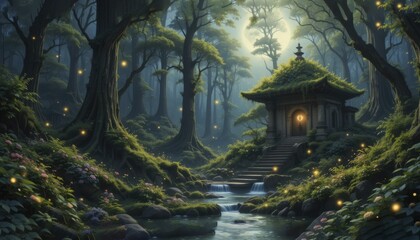 Fototapeta premium A serene forest scene featuring a mystical building with steps leading up to it, and a stream flowing by, surrounded by lush greenery, AI generated