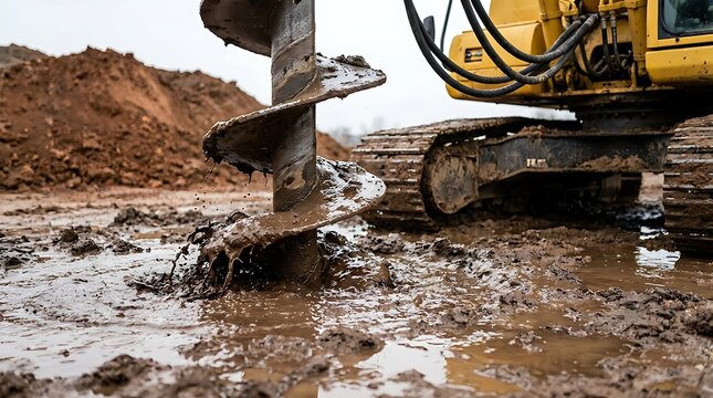 Heavy duty auger drilling into wet muddy ground at construction site with excavator machine part in background showing industrial excavation work and ground breaking process for building.