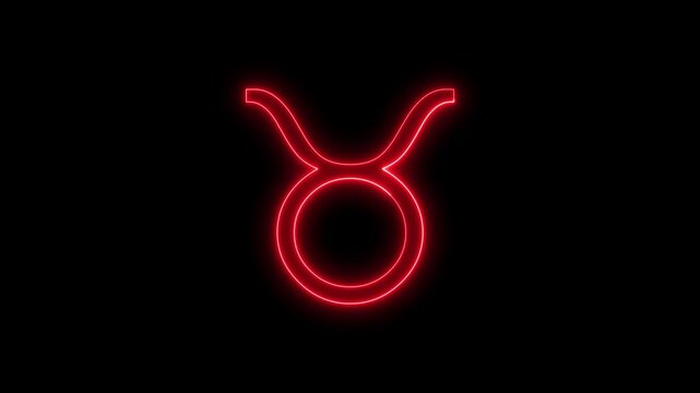 Red glowing neon taurus zodiac sign on black background motion.