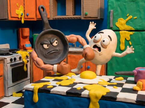 A sentient frying pan confronts a scared fried egg character in a messy kitchen.