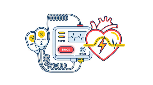 Aed machine and heart icon for emergency resuscitation and first aid