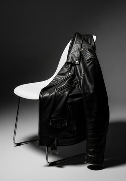 A black leather motorcycle jacket is draped over a white Eames chair. The jacket is prominently displayed against a dark gray background, creating a dramatic contrast.