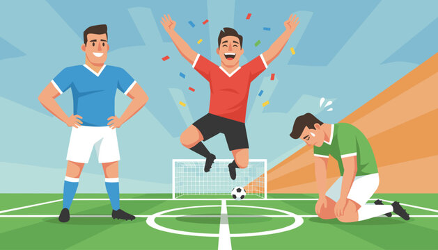 Soccer player celebrating a victory while teammate watches proudly and defeated opponent is down on the pitch.