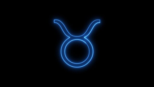 Neon taurus zodiac sign glowing blue light pulsing on black screen.