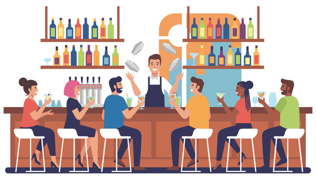 Talented bartender juggling shakers behind the counter while entertaining a diverse group of friends at a bar.