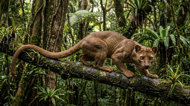 Fossa Apex Predator Crouching on Rainforest Branch Madagascar