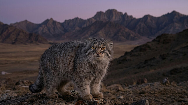 Pallas Cat Manul Standing on Rocky Steppe Central Asia Twilight