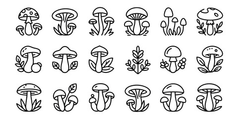 Fototapeta premium Black and white line of various mushrooms and plants line fungi leaves in white background 