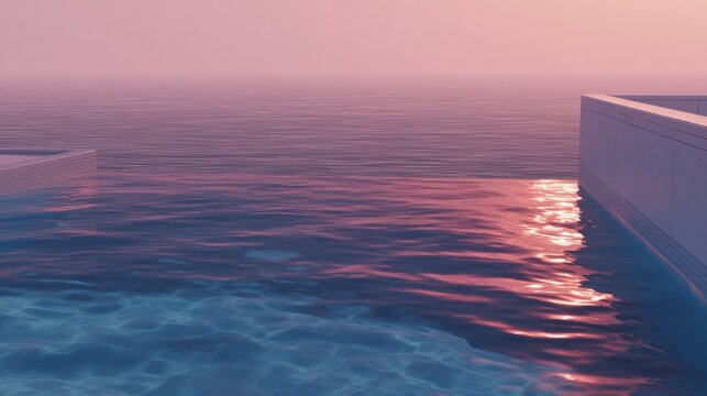 Reflective infinity pool merges with vast water body during atmospheric twilight