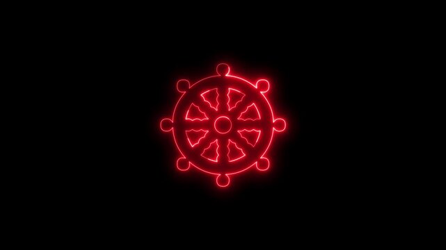 Red glowing neon dharma wheel animation isolated on black background.