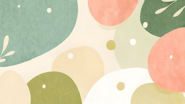 パステルカラーの有機的な図形と植物を描いたナチュラルな抽象背景