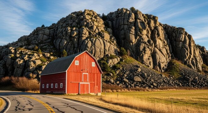 Red Barn in Front of Rocky Mountain Landscape.
