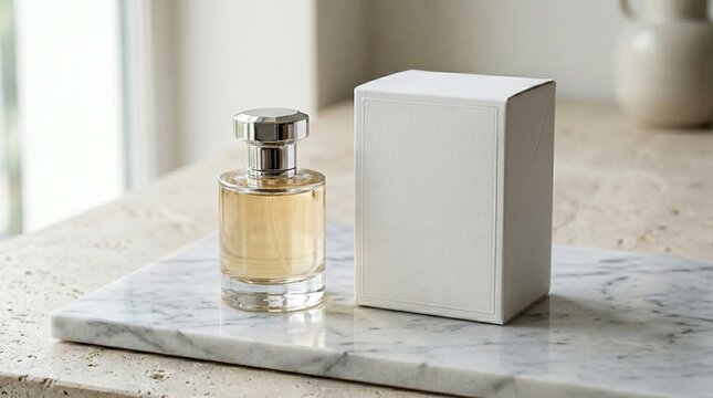 A premium packaging mockup featuring a perfume bottle standing next to its elegant cardboard box embossed on a marble top.