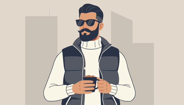 Confident stylish bearded man wearing sunglasses and holding a warm coffee cup against a modern city background.