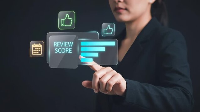 Businesswoman Touches Glowing Review Score Panel to Confirm Positive Feedback, Display Thumbs Up Icon, Schedule Calendar Date, Track Rating Bars, and Manage Customer Satisfaction
