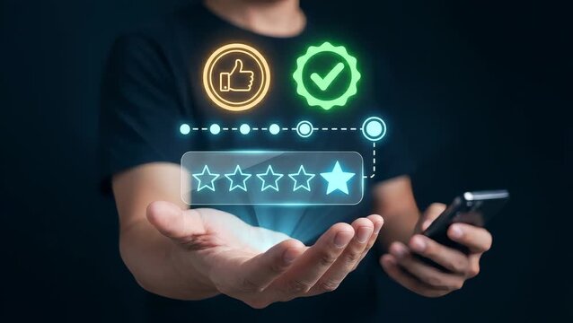 Businessman Extends Open Palm with Smartphone to Confirm Five Star Rating, Display Thumbs Up Icon, Show Approval Check Badge, Track Review Score, and Manage Customer Feedback