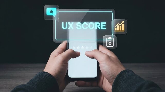 Person Holds Smartphone in Hands to Submit User Experience Score, Display Star Rating Bubble, Track Bar Chart Data, Complete Review Checklist, and Confirm Customer Feedback