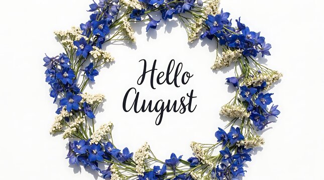 Blue delphinium flowers and delicate white blossoms arranged in wreath around hello august text on white background celebrating summer month rustic style.