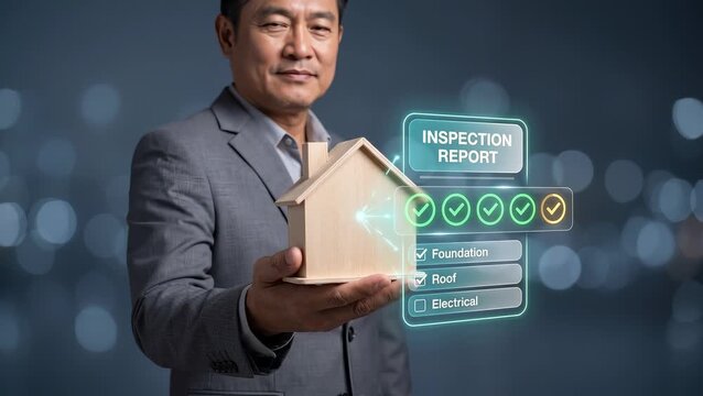 Businessman Holds Wooden House Model to Present Property Inspection Report, Display Verified Check Marks, Confirm Foundation Roof Status, Review Electrical Items, and Assess Home Quality