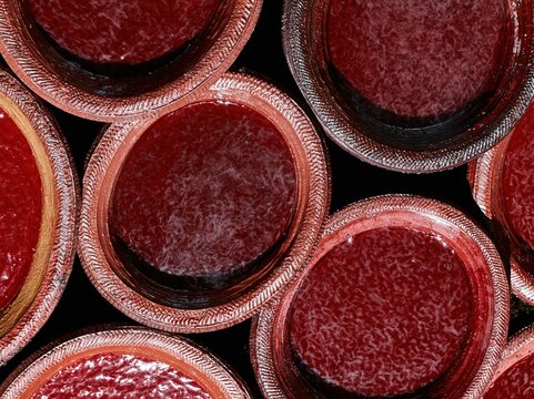 Clay pots filled with steaming red cochineal dye in a symmetrical overhead pattern for textile and traditional craft concepts