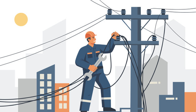 Professional electrical lineman technician working on high voltage power lines on utility pole in a city.