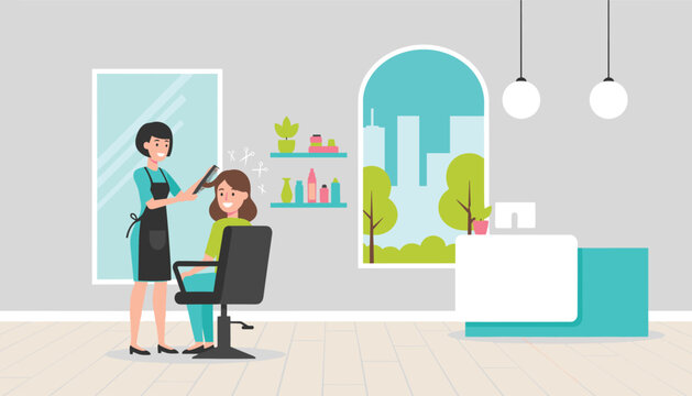 Friendly female hairdresser cutting and styling a smiling client's hair in a bright modern beauty salon.