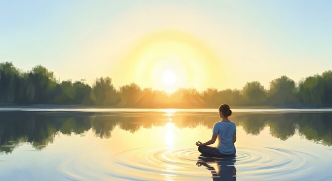 A Serene Woman Meditating in a Peaceful Lake at Sunrise for Holistic Wellness and Mindful Inner Peace Reflection