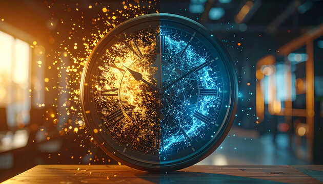 Time Dissolving: A vintage clock face is depicted with one half engulfed in fiery orange particles and the other dissolving into icy blue energy.